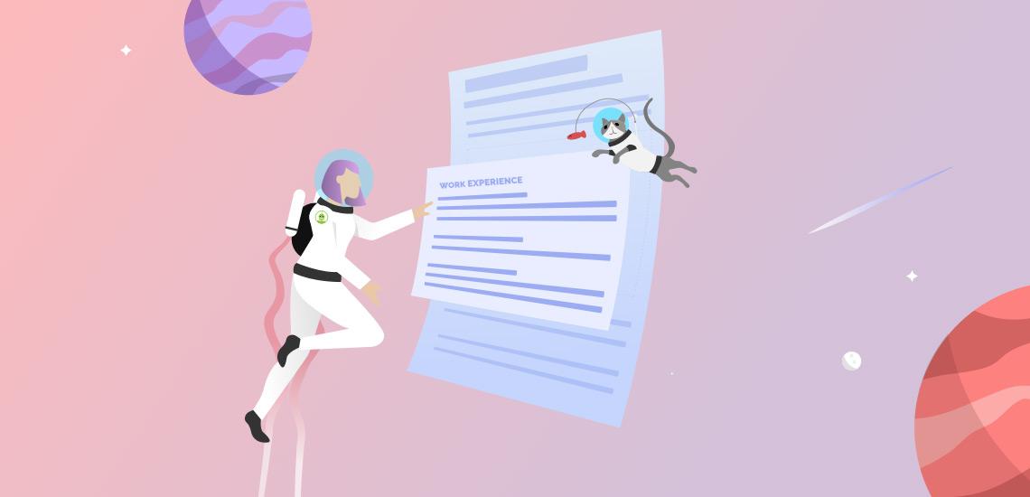 An image of a female astronaut pointing to a work experience section of a resume.