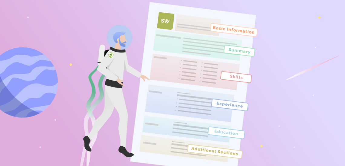 An image of a resume featuring the most important resume sections and a male astronaut floating on the right side of it.