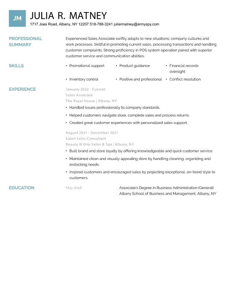 Sales Resume Example