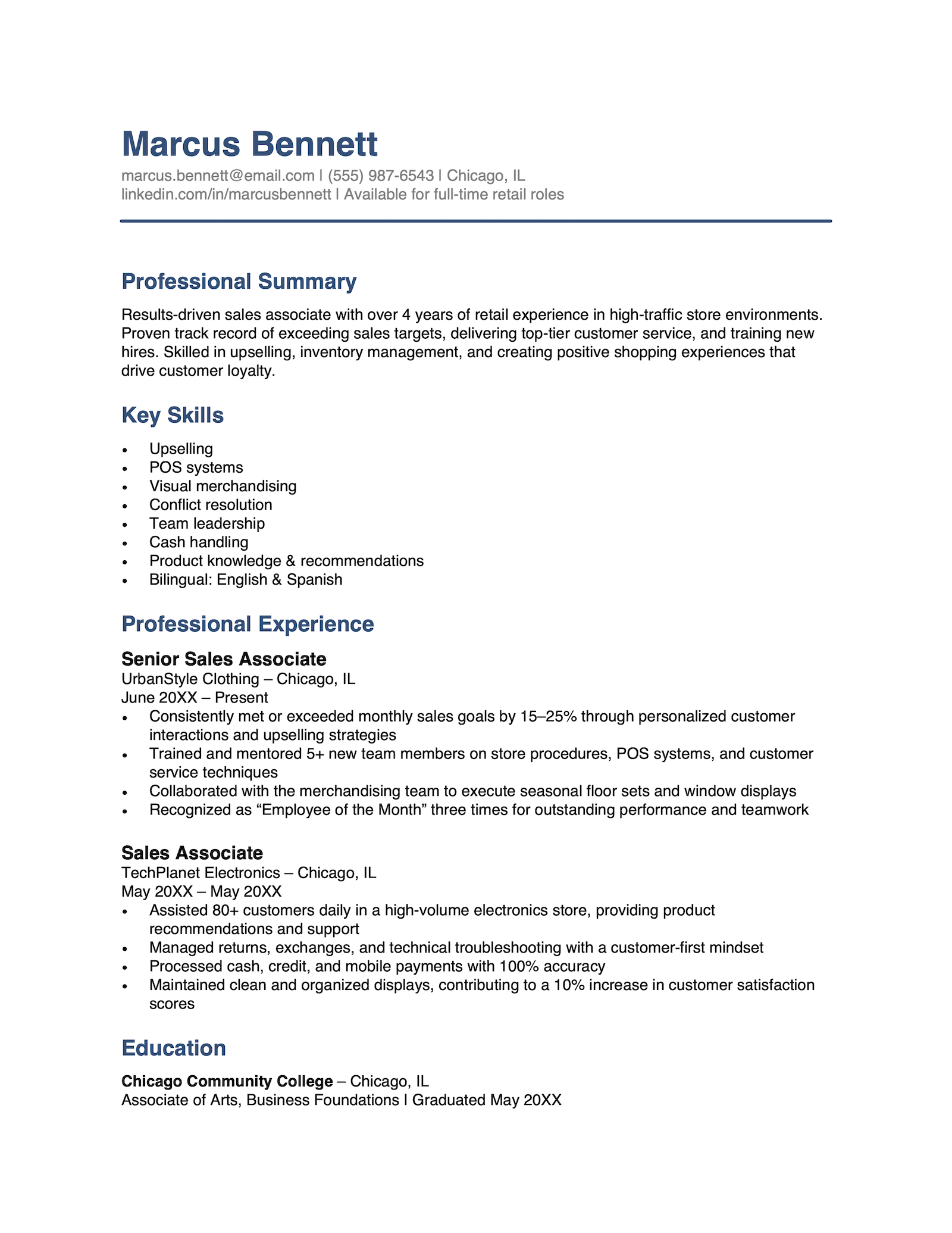 An experienced sales associate resume example.