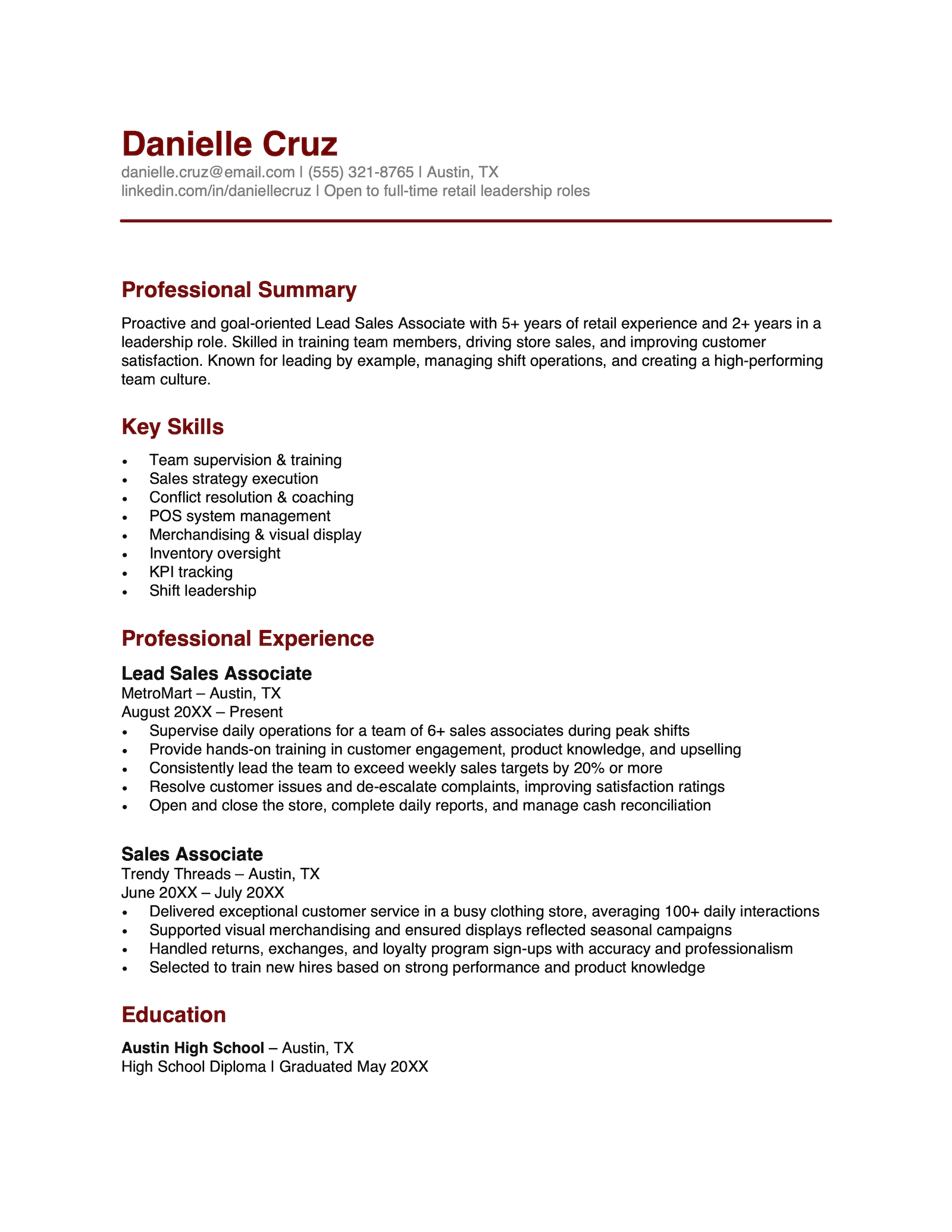 An experienced sales associate resume example.