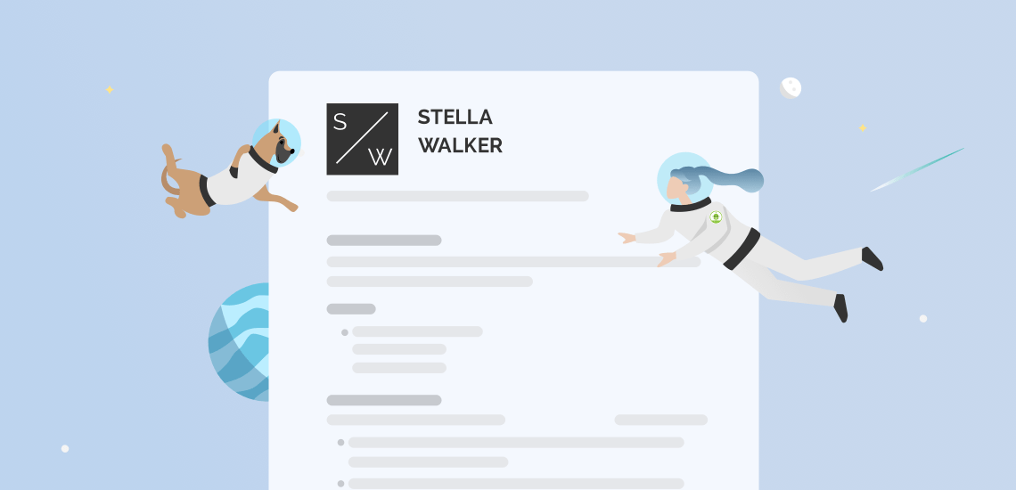 An image of a resume and a dog and a woman astronaut floating on the sides of it.