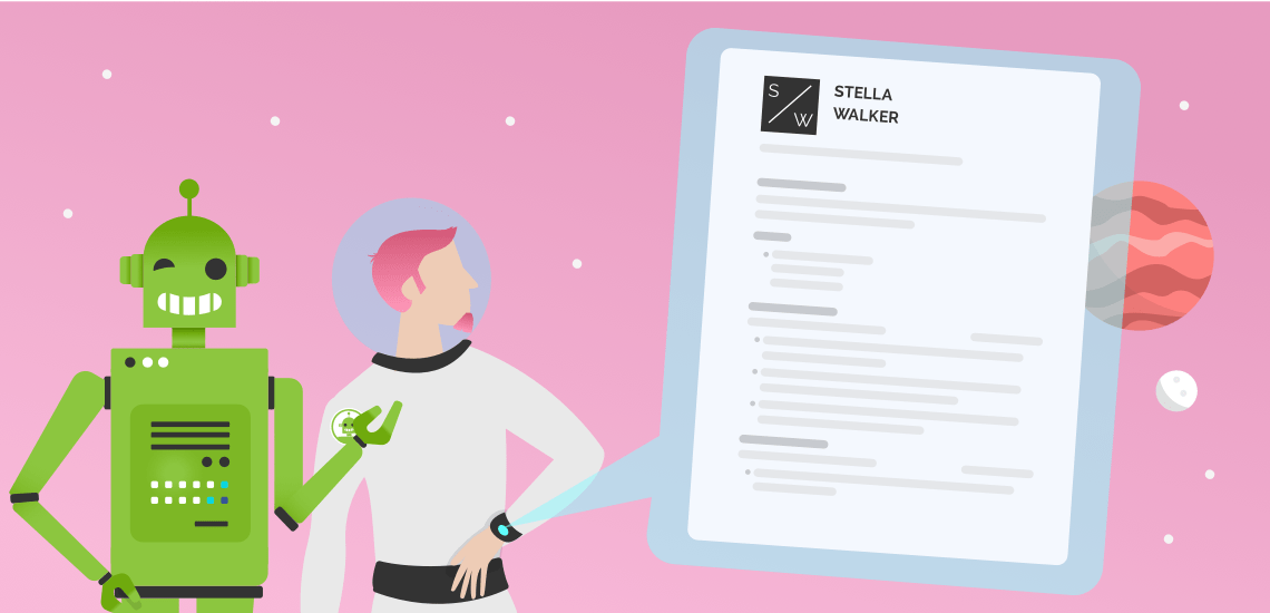 An image of a robot and a male astronaut looking at a cover letter example with distinctive cover letter parts.