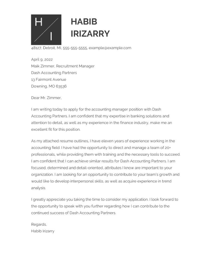 Accounting Cover Letter Example