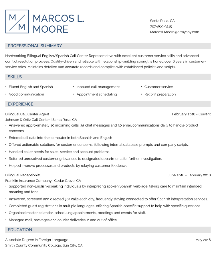 resume examples bilingual skills