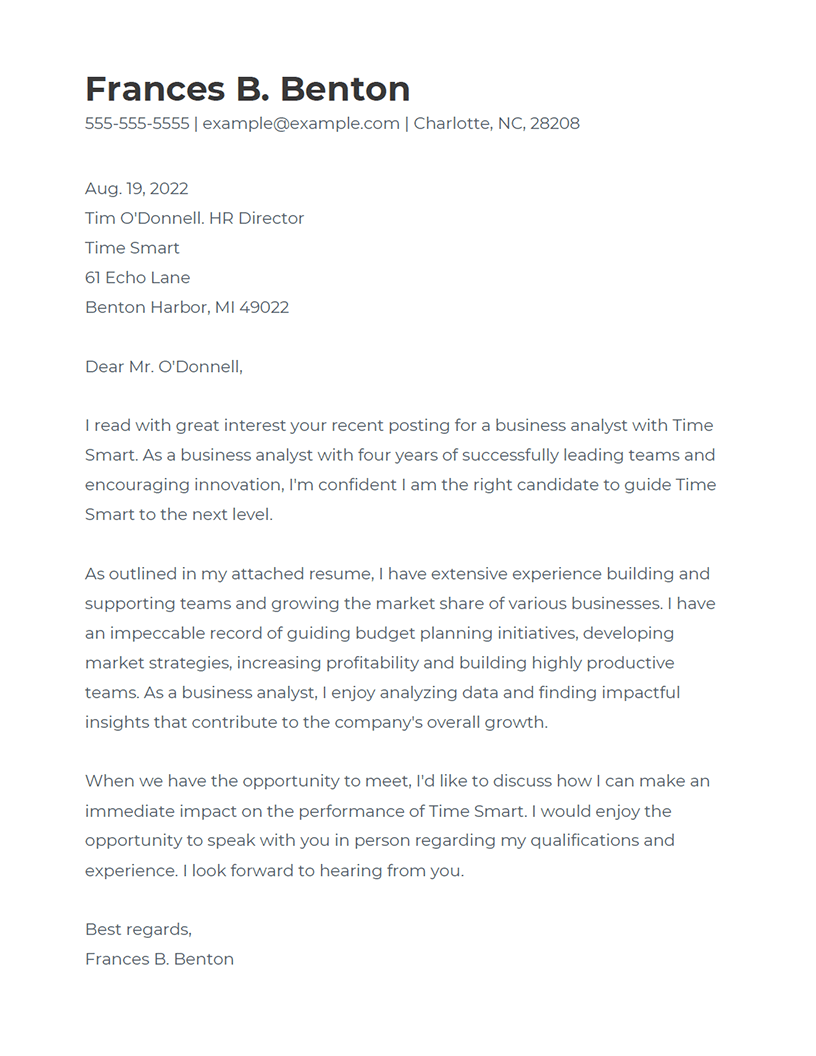 Business Analyst Cover Letter Example RNerd