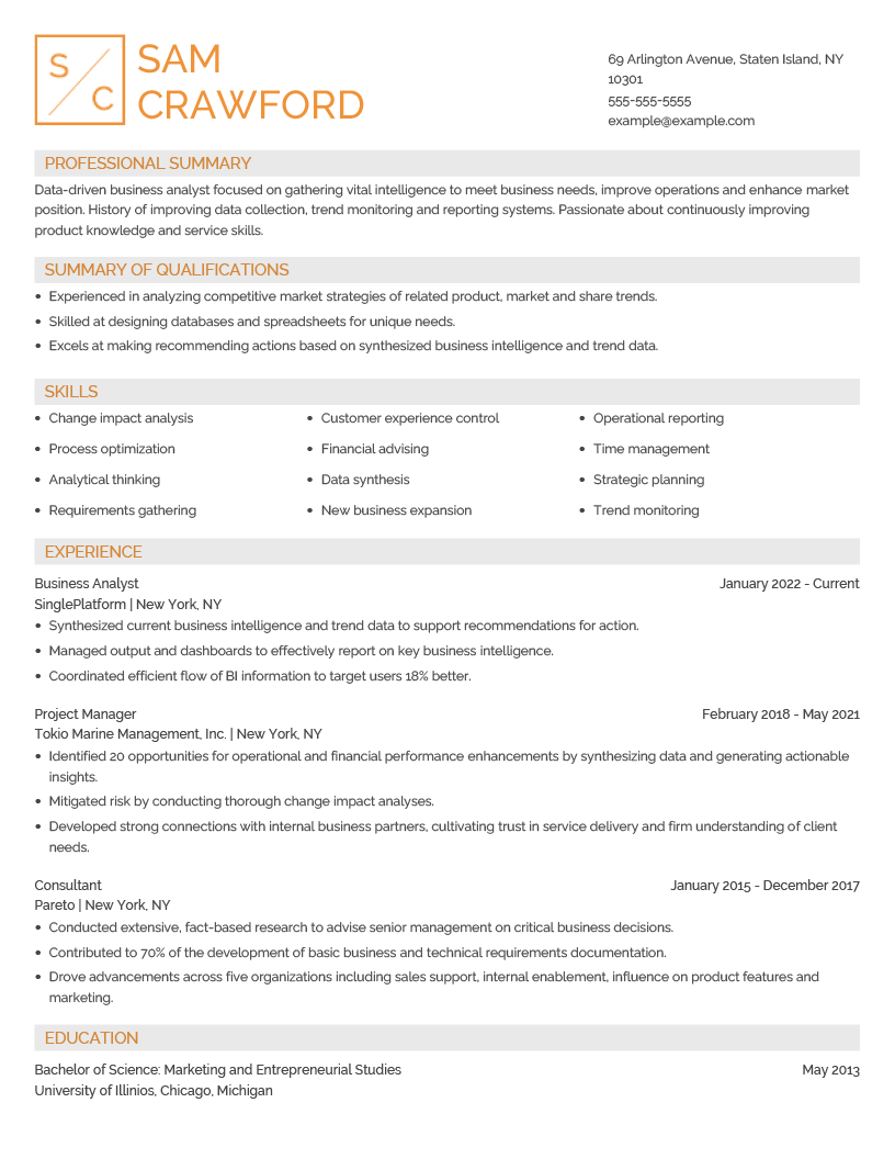 Business Analyst Resume Example RNerd