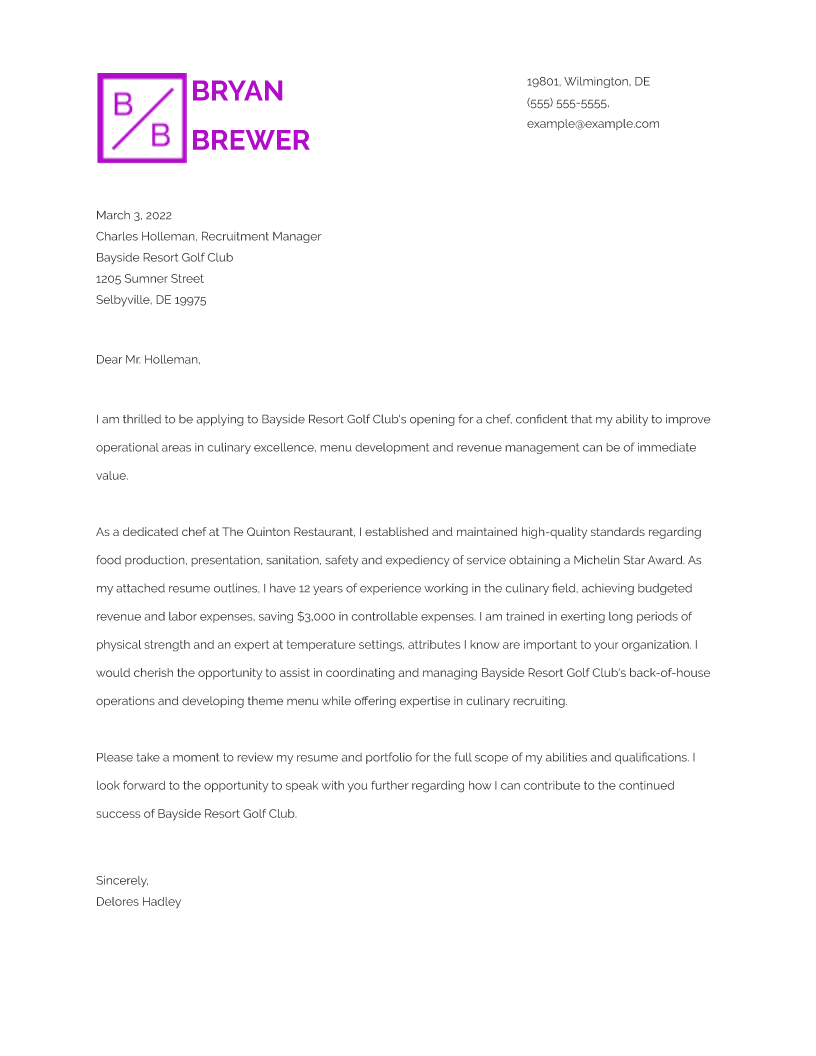 Chef Cover Letter Example