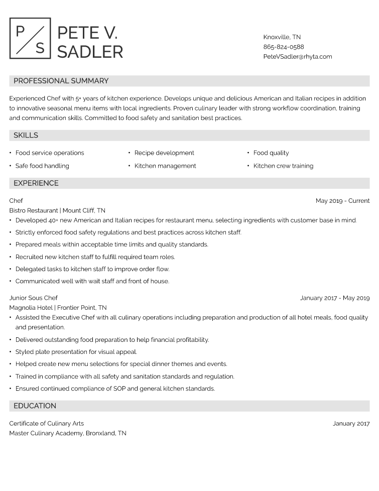 Chef Resume Example