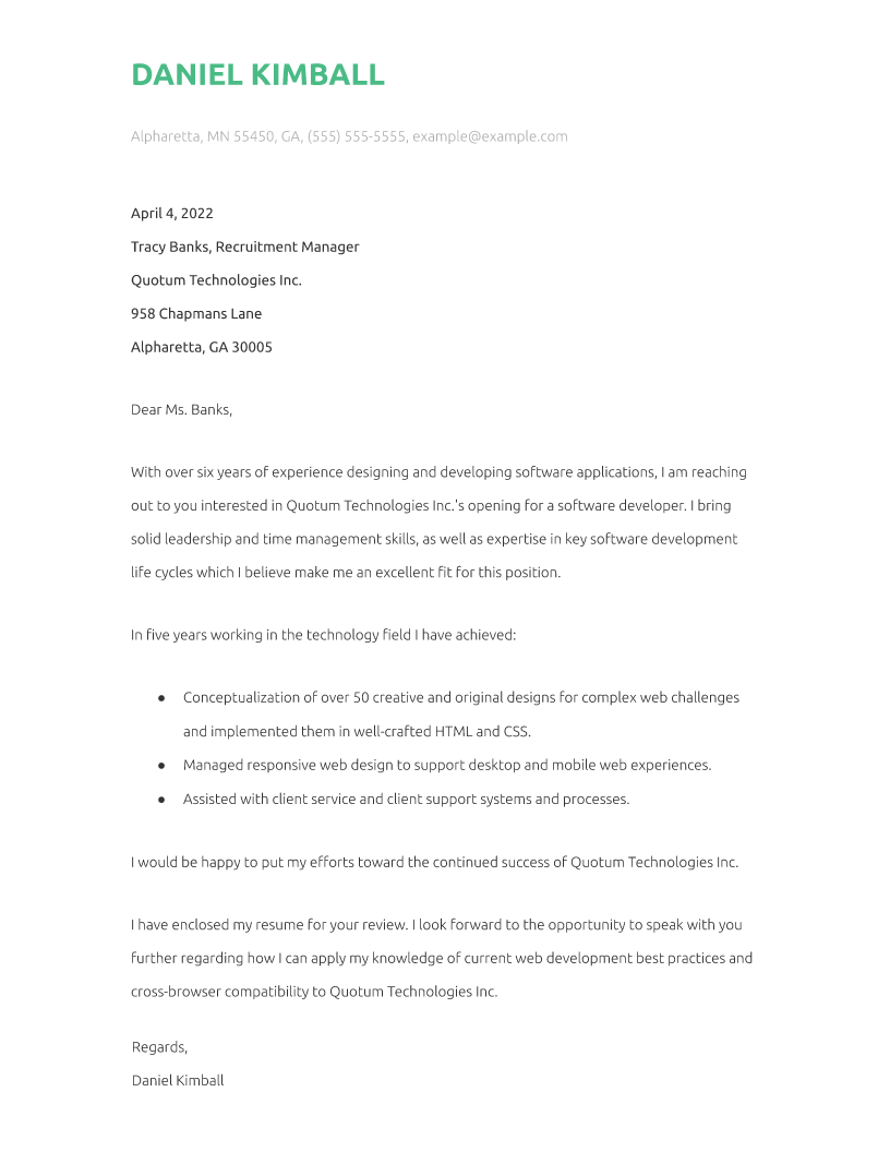 Computer Science Cover Letter Example