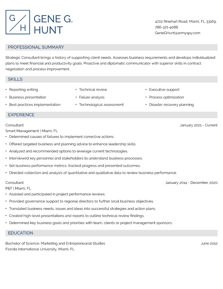 Consultant Resume Example