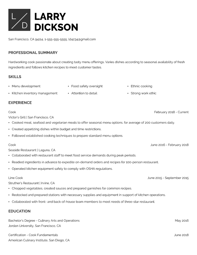 Cook Resume Example