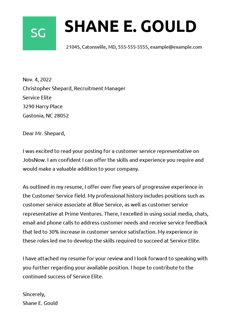 Customer Service Representative Cover Letter Example