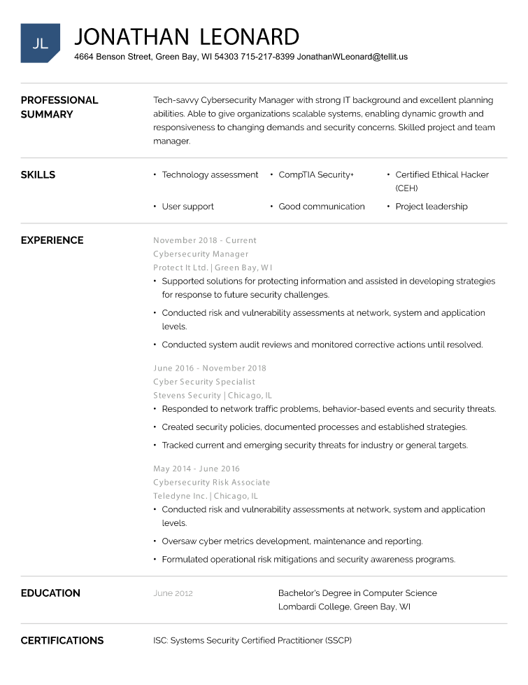 Cyber Security Resume Example