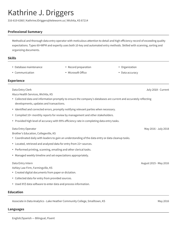 Data Entry Resume Example