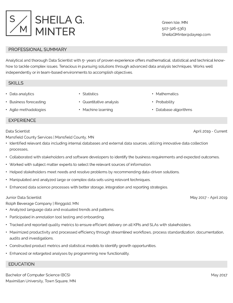 Data Scientist Resume Example