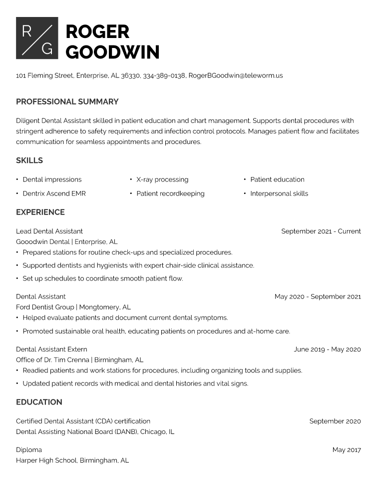 Dental Assistant Resume Example