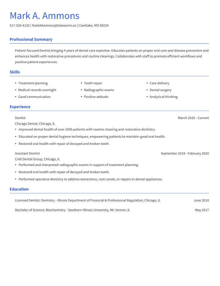 Dentist Resume Example
