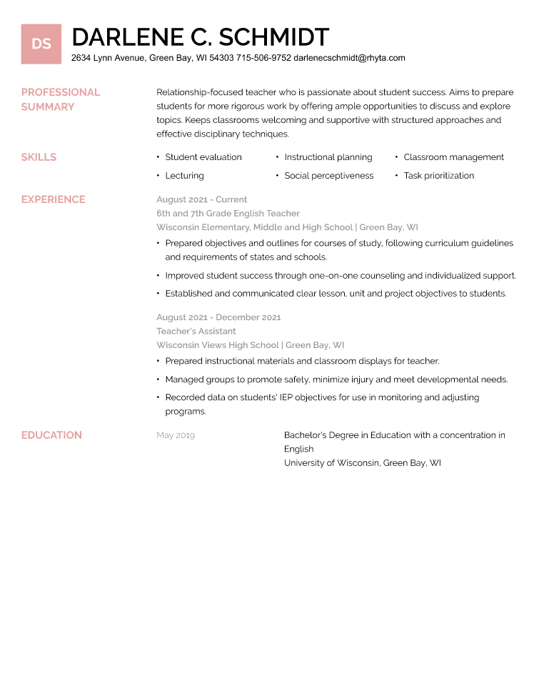 Education Resume Example