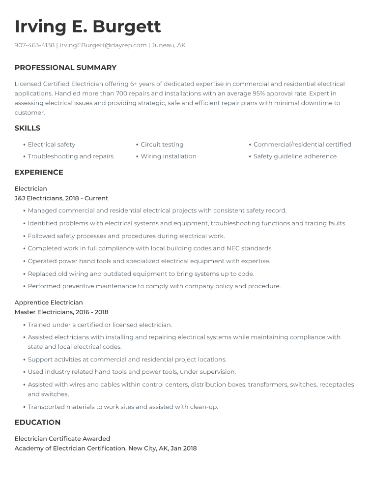 Electrician Resume Example