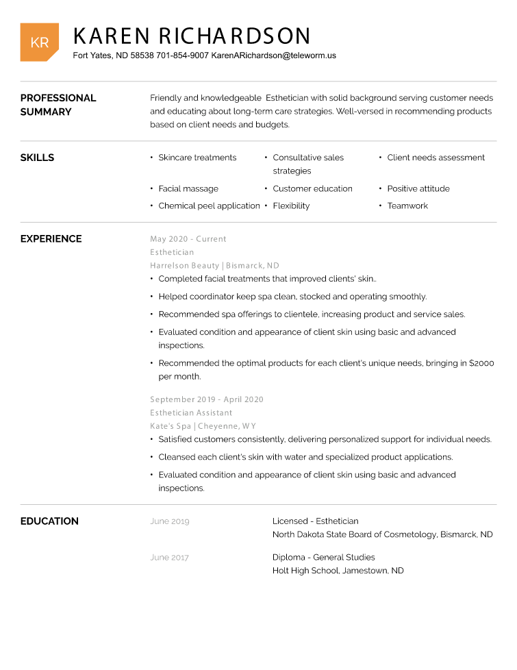 Esthetician Resume Example