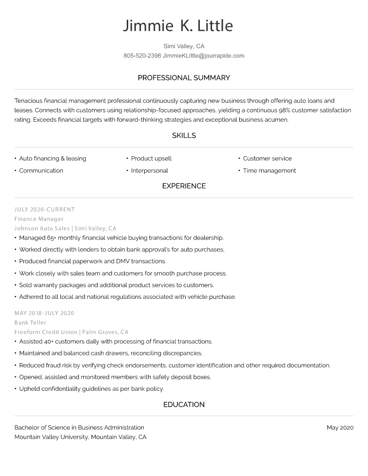 Finance Resume Example