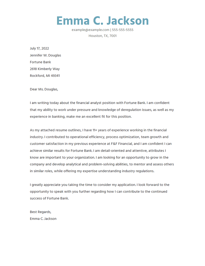 Financial Analyst Cover Letter Example