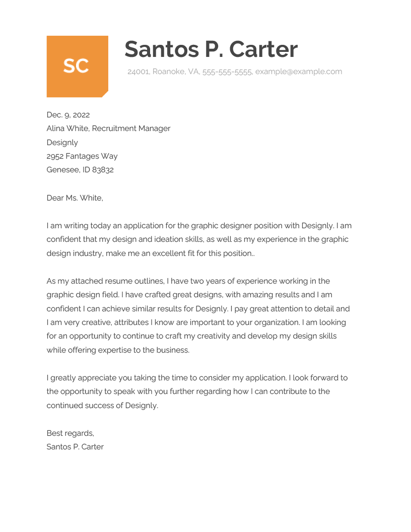 Graphic Designer Cover Letter Example RNerd