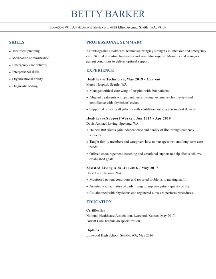 Healthcare Resume Example