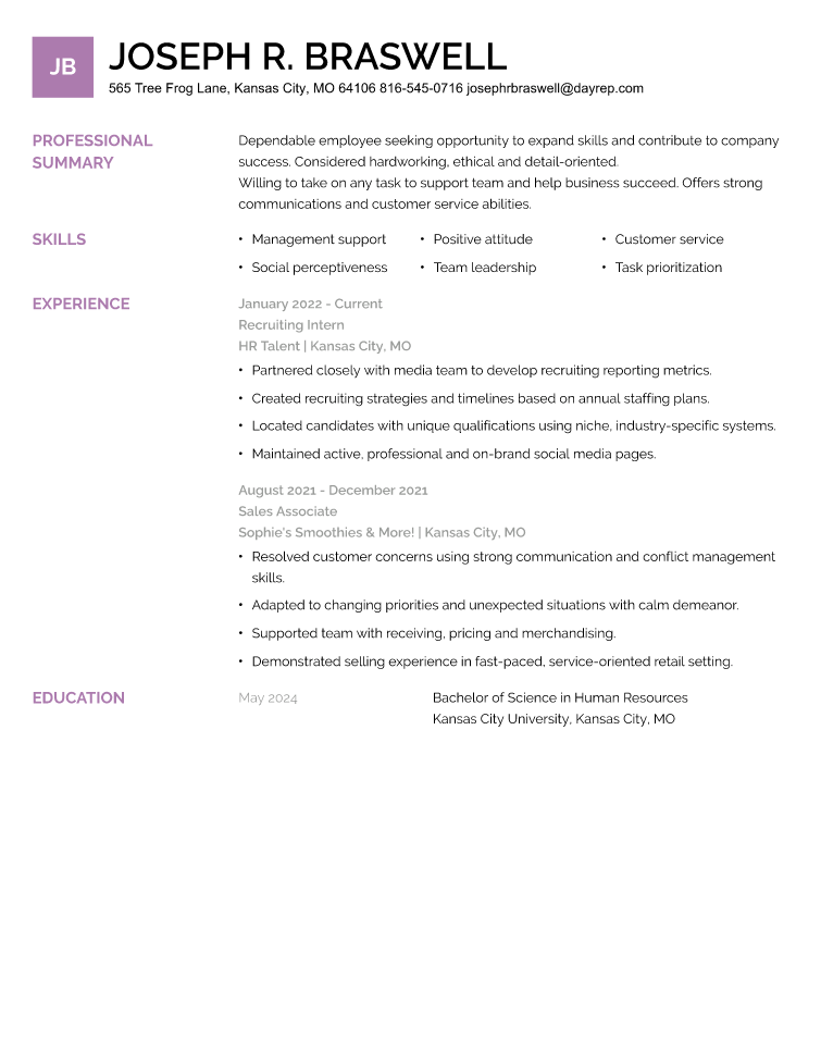 Internship Resume Example