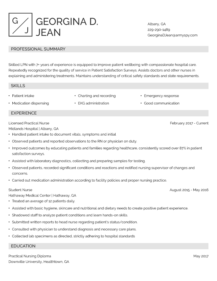 Licensed Practical Nurse Resume Example