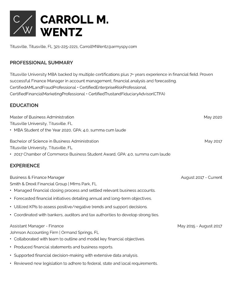 MBA Resume Example