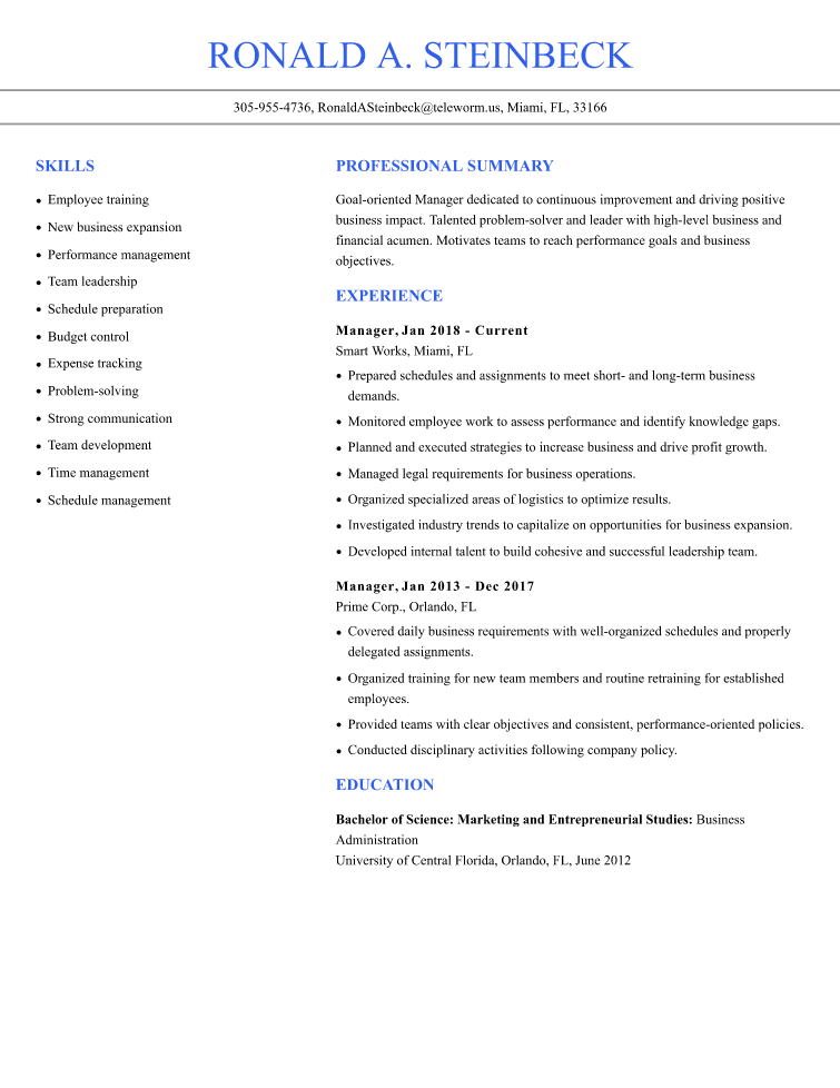 Manager Resume Example