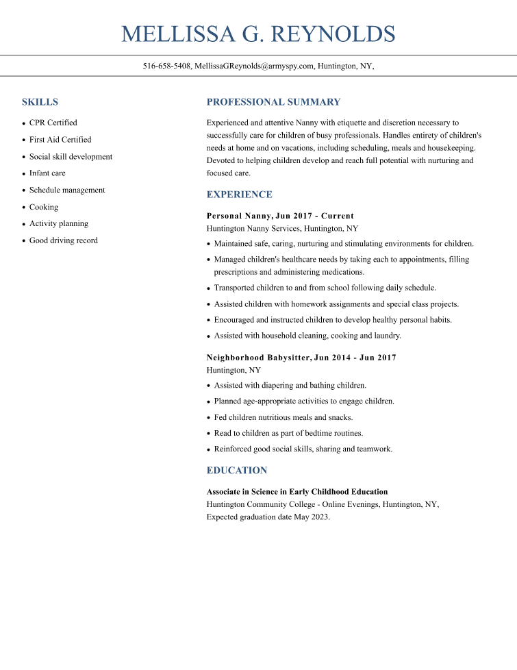 Nanny Resume Example