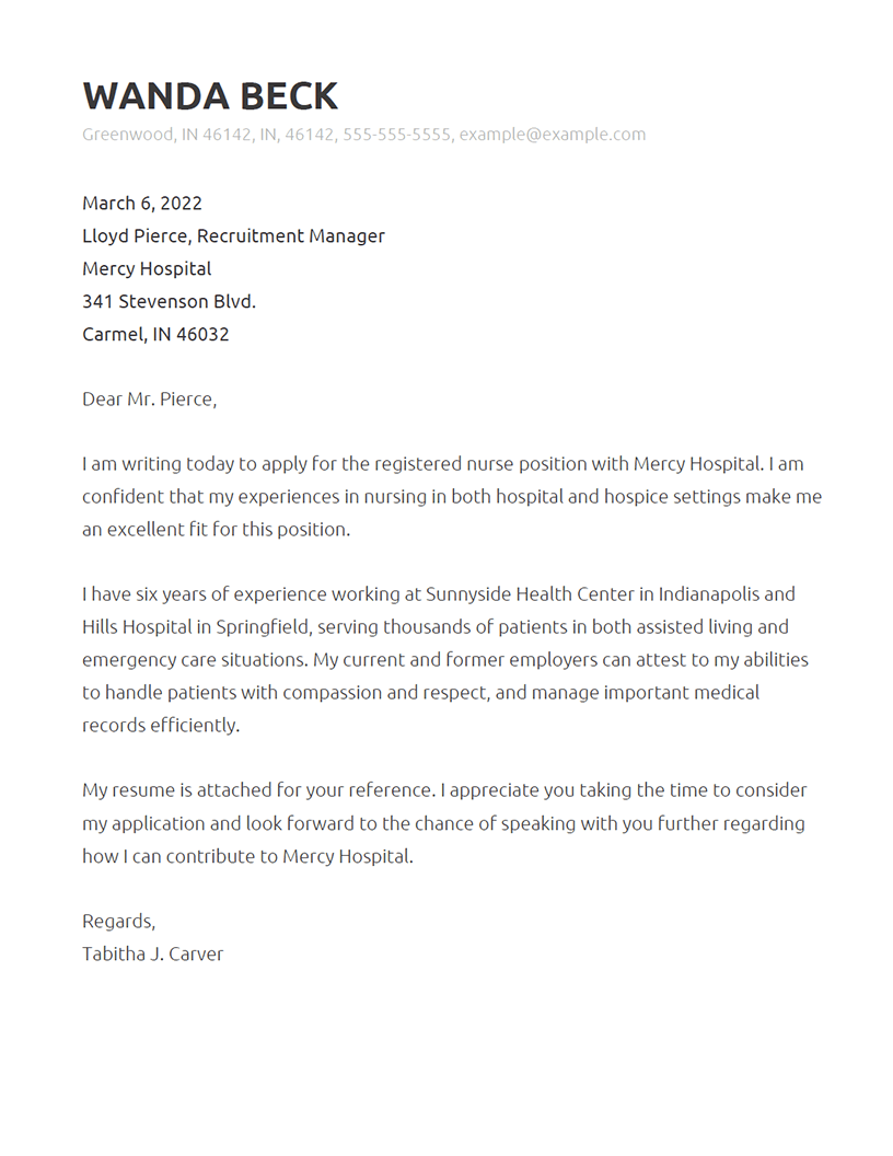 Nursing Cover Letter Example