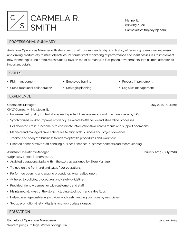 Operations Manager Resume Example