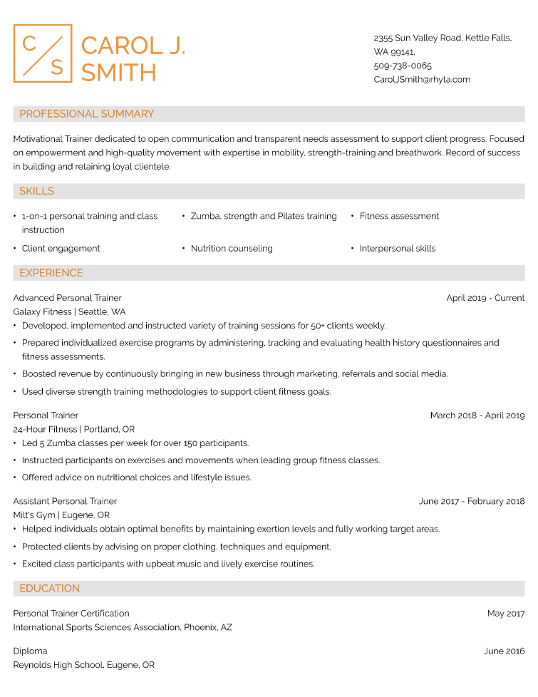 Personal Trainer Resume