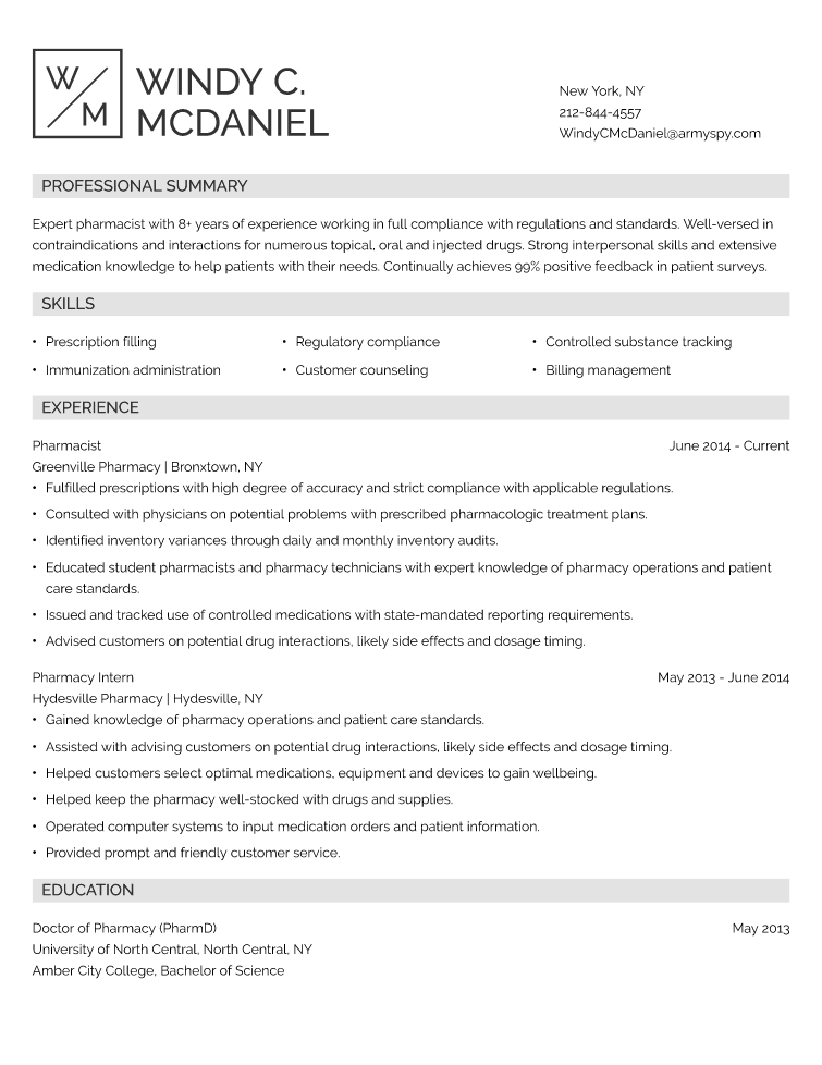 Pharmacy Resume Example