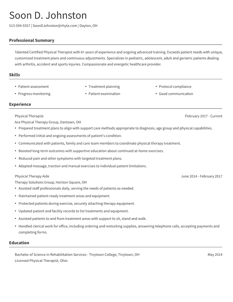 Physical Therapy Resume Example