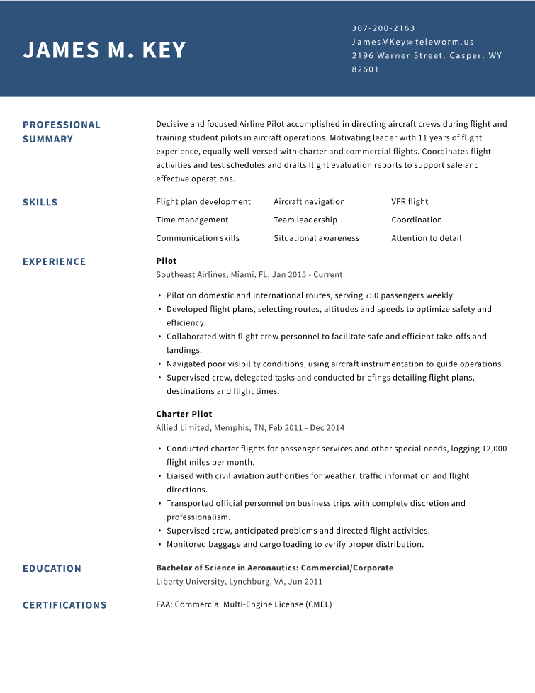 Pilot Resume Example