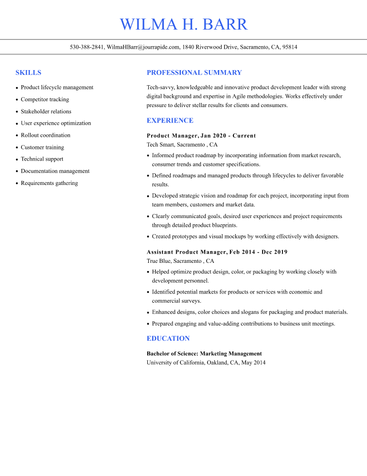 Product Manager Resume Example