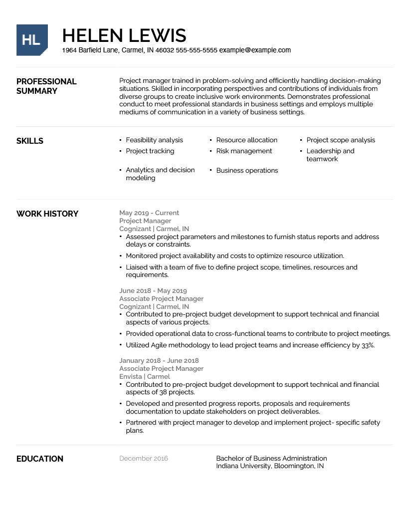 Project Manager Resume Example