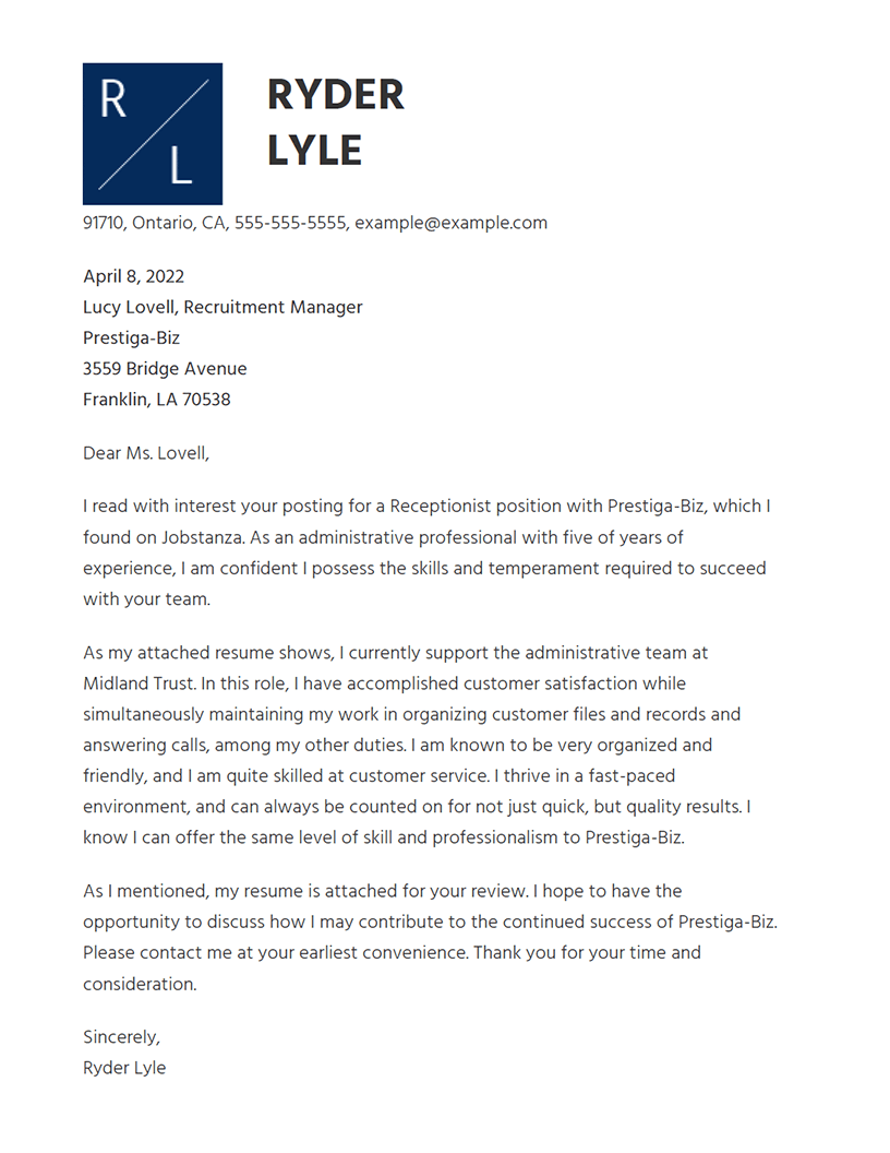 Receptionist Cover Letter Example