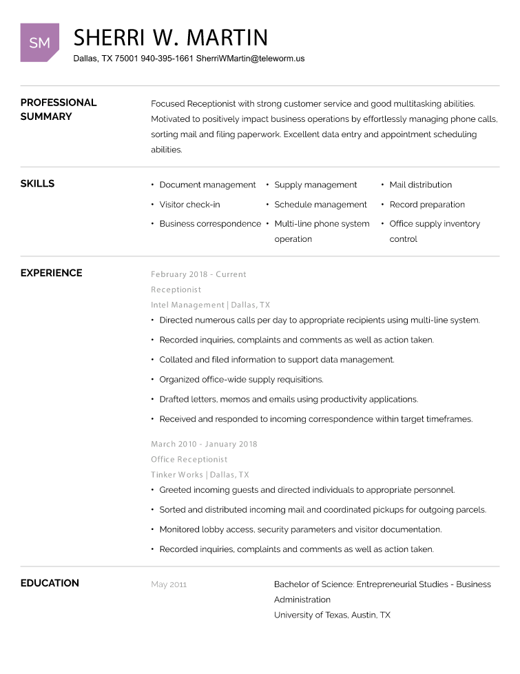 Receptionist Resume Example