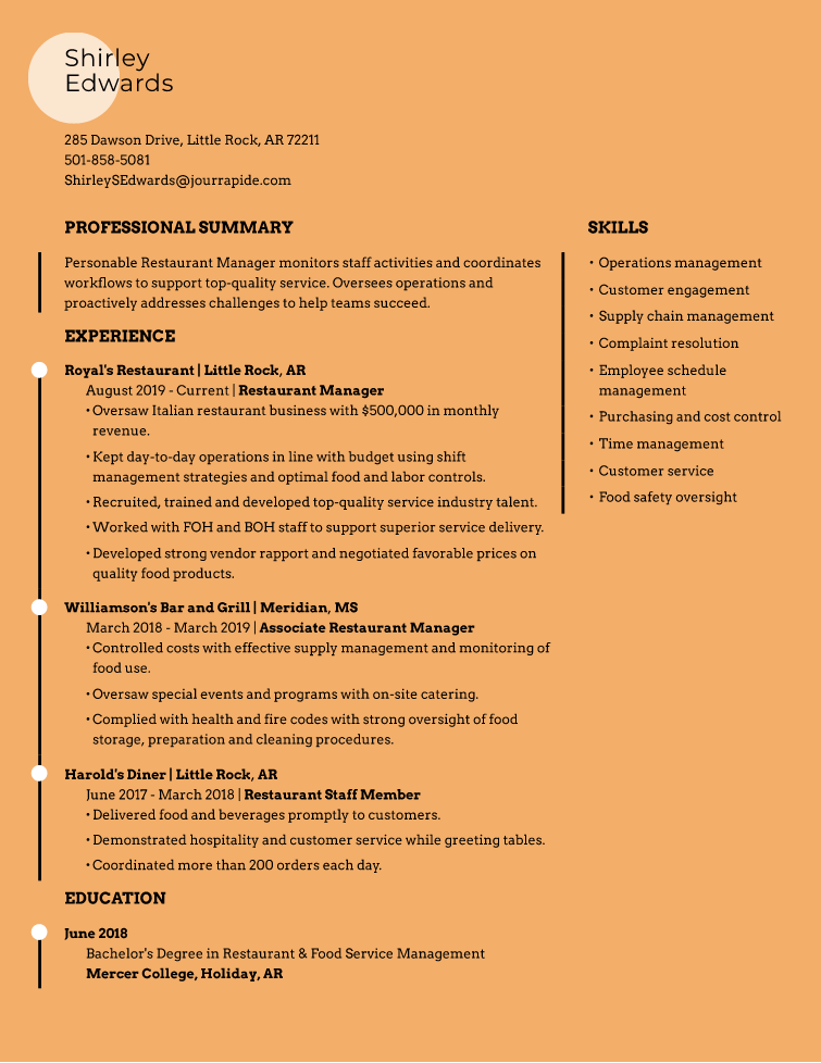 Restaurant Manager Resume Example