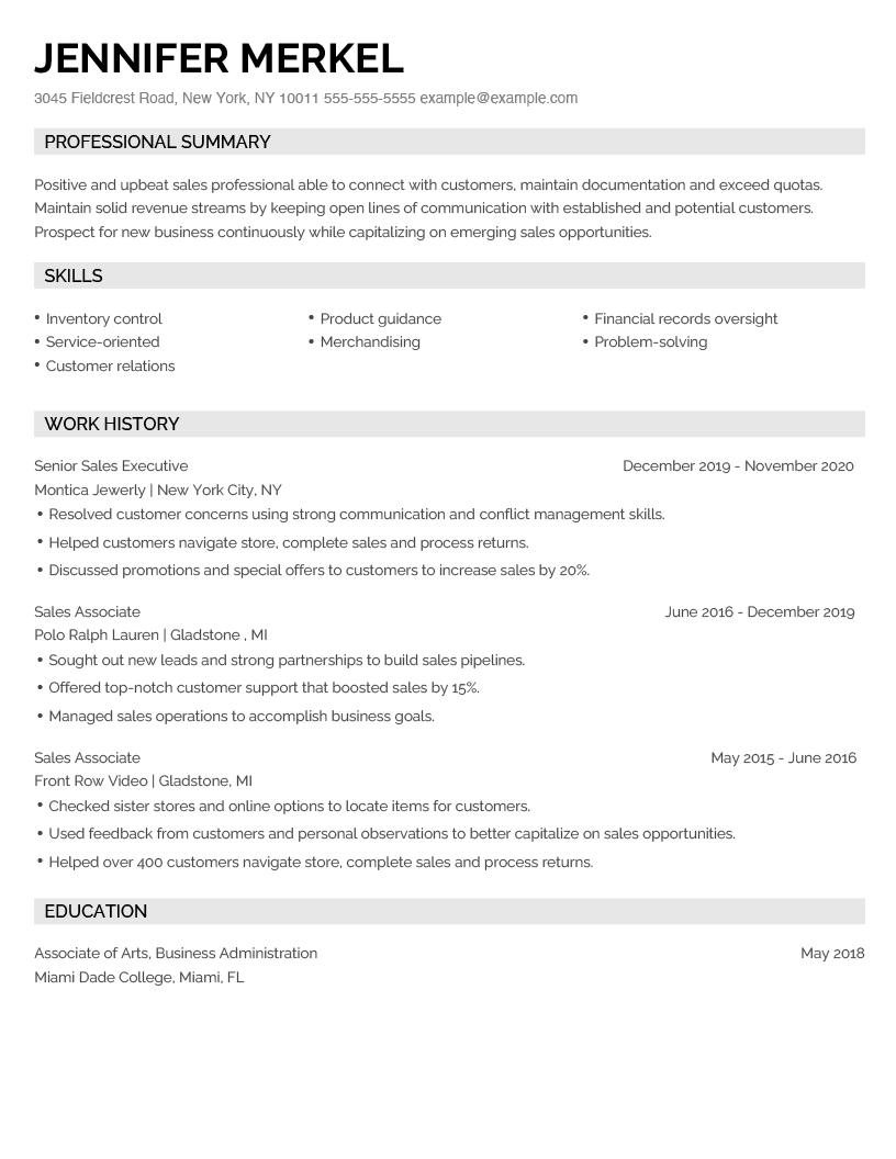Sales Associate Resume Example