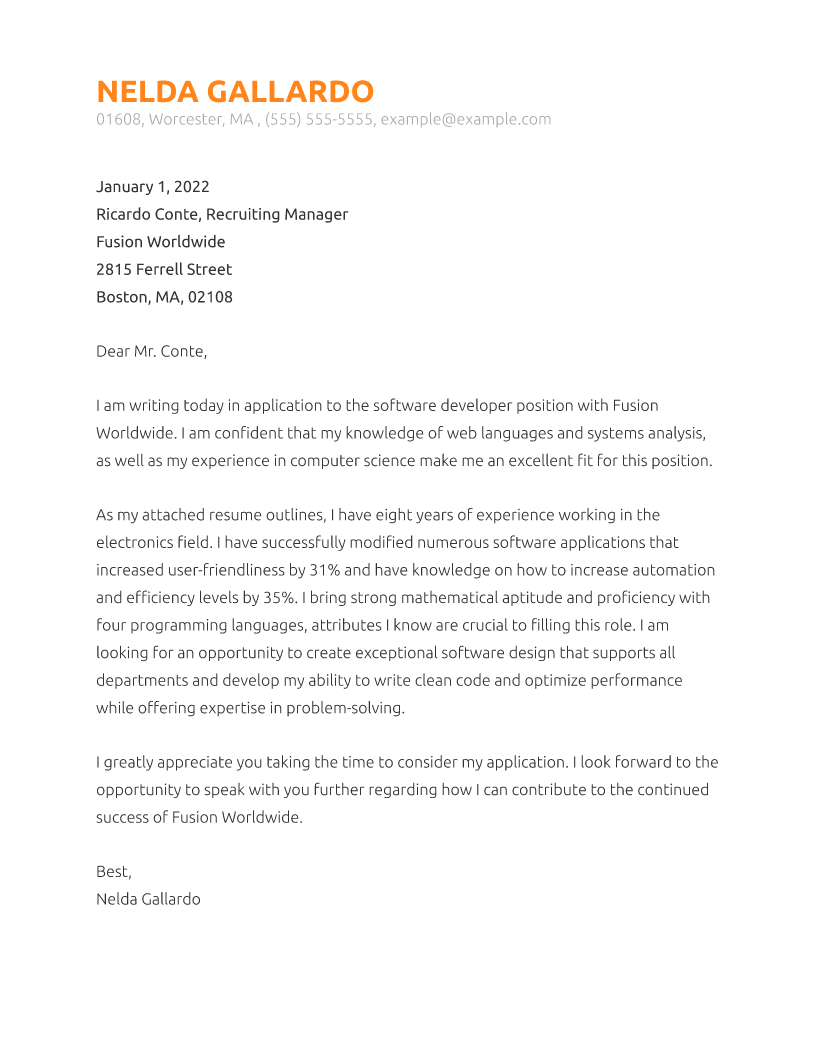 Software Developer Cover Letter Example