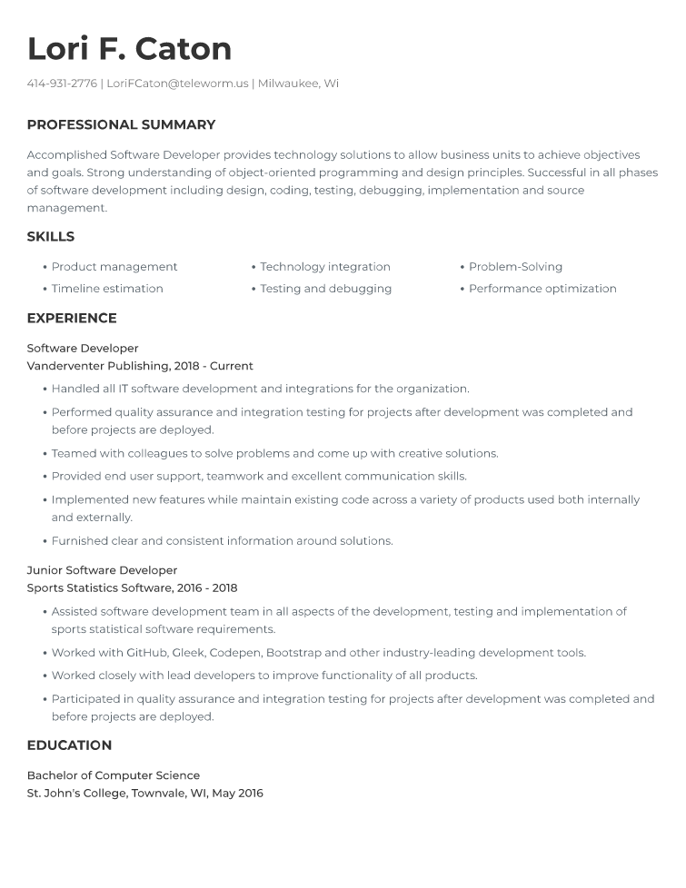 Software Developer Resume Example