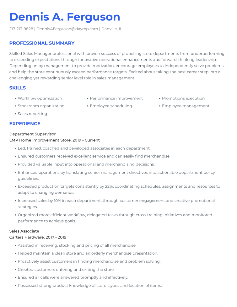 Supervisor Resume Example