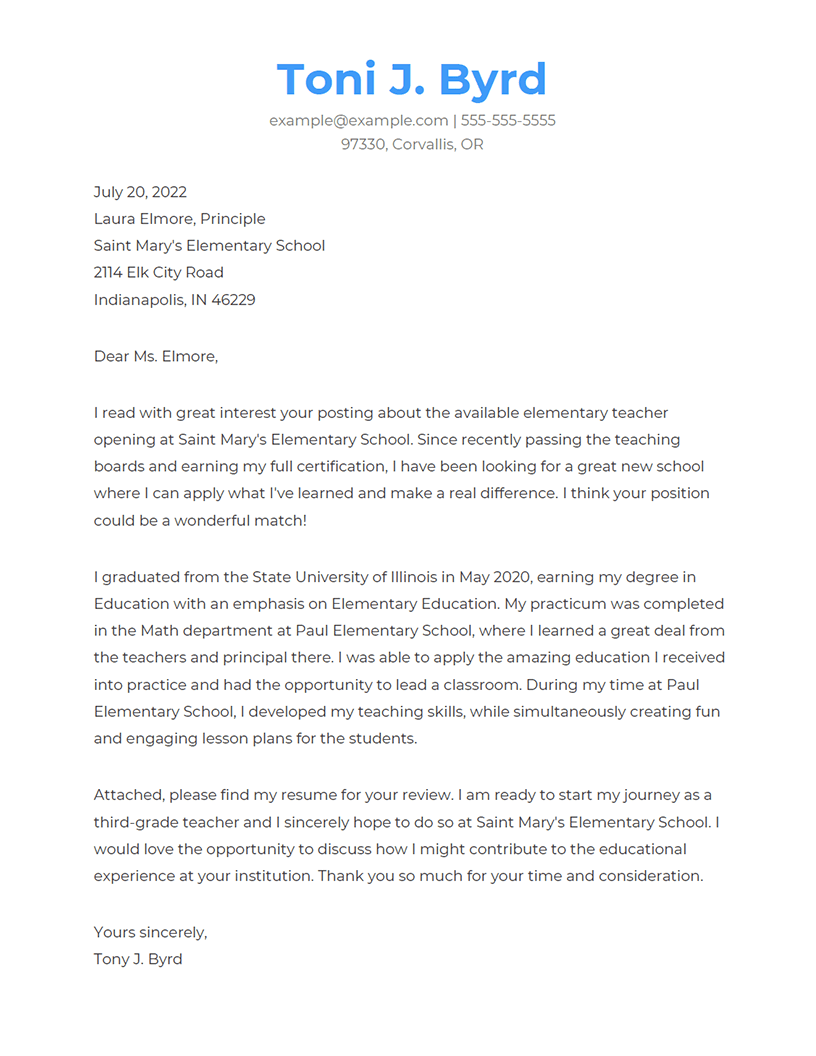Teacher Cover Letter Example